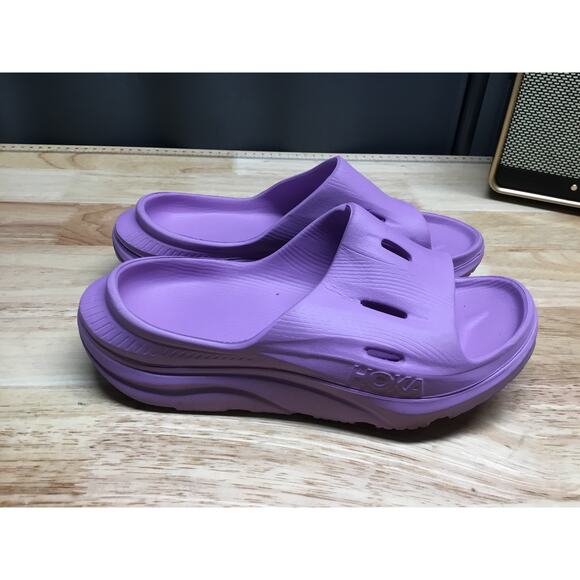 Hoka One One ORA Recovery Slide 3 Sandals 6 Violet Bloom Rubber Slip-On - Picture 2 of 8